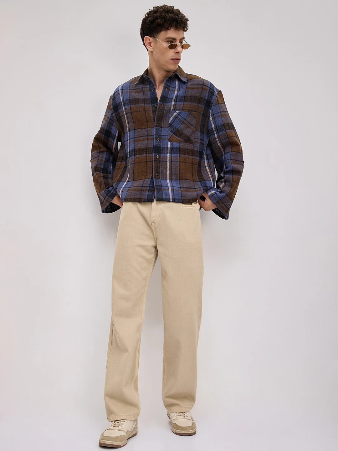 Effortless  Brown & Blue Glen Checks Cuffless Oversized Crop Shirt