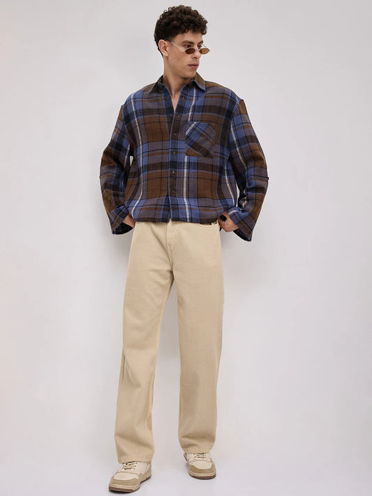 Effortless  Brown & Blue Glen Checks Cuffless Oversized Crop Shirt