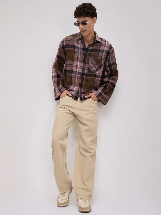 Luxe  Brown & Black Interlock Checks Cuffless Oversized Crop Shirt