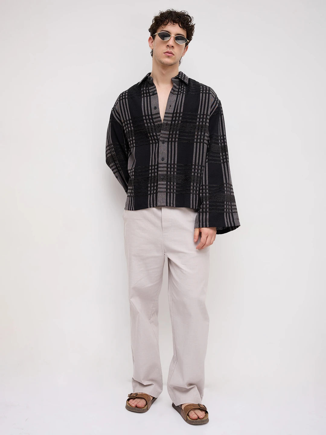 Grey & Black Raised Plaid Checks Cuffless Oversized Crop Shirt