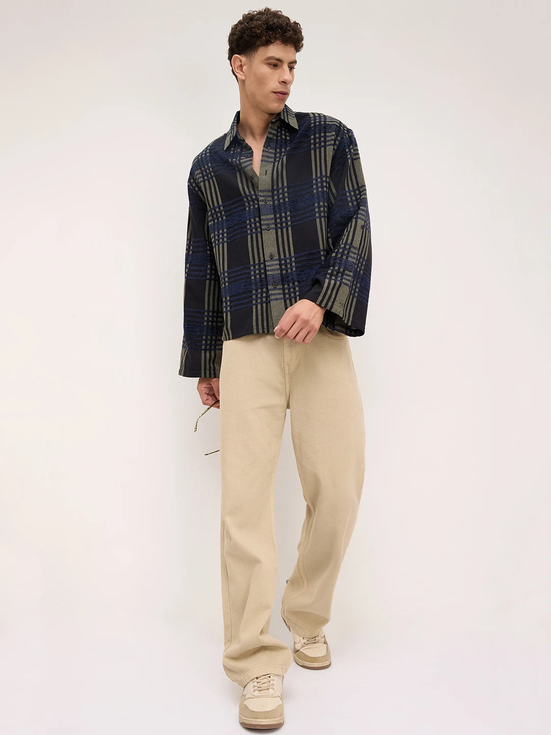 Olive & Navy Raised Plaid Checks Cuffless Oversized Crop Shirt