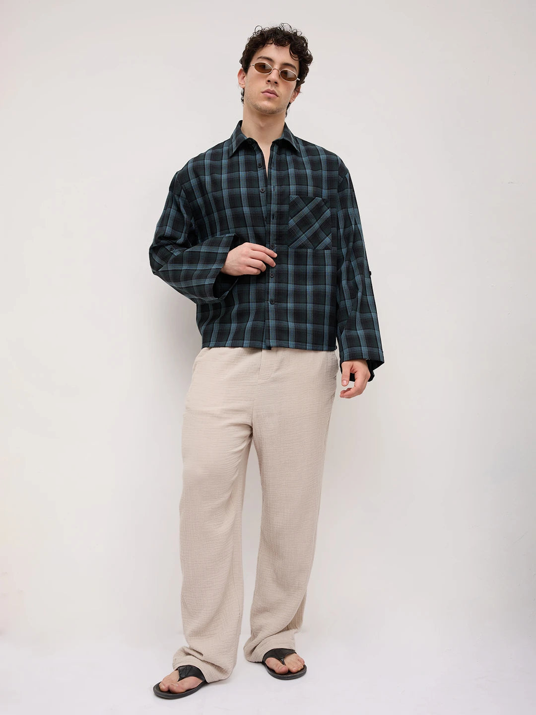 Turkish Blue Plaid Checks Cuffless Oversized Crop Shirt