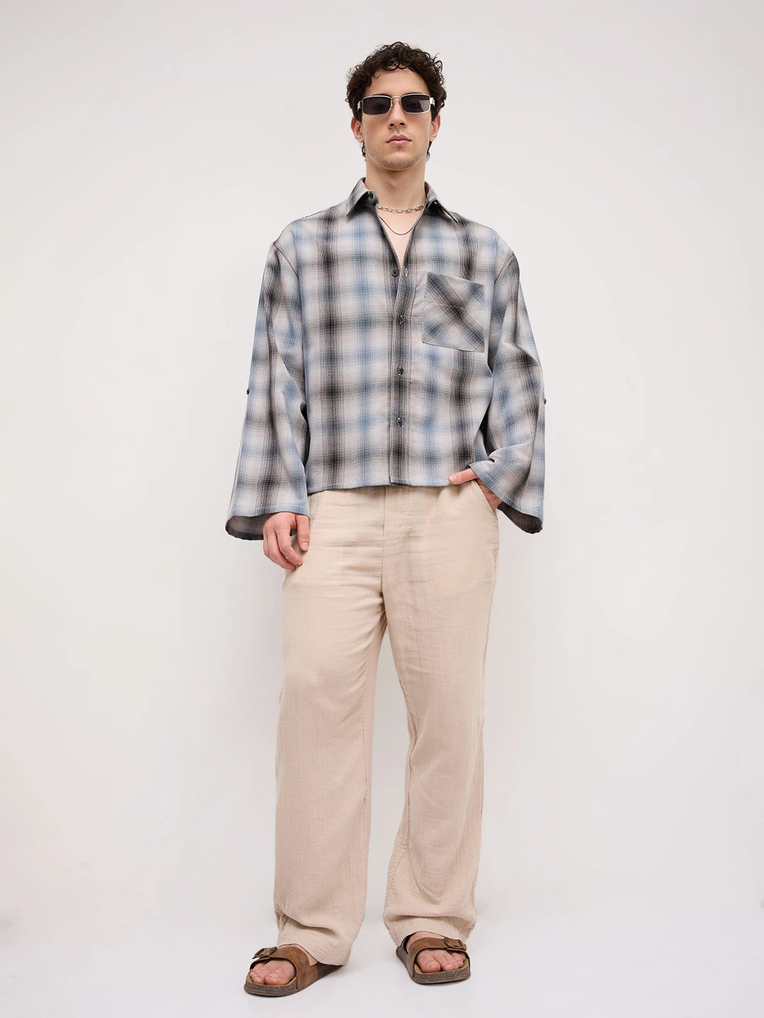 Luxe Grey Shadow Checks Cuffless Oversized Crop Shirt
