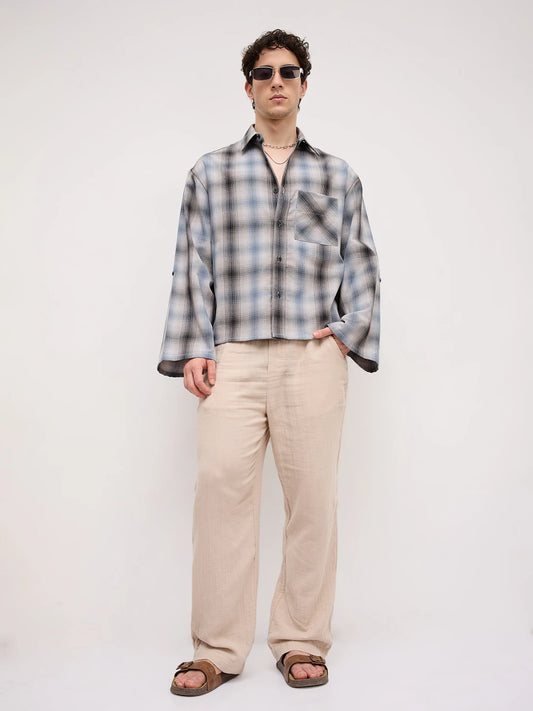 Luxe Grey Shadow Checks Cuffless Oversized Crop Shirt