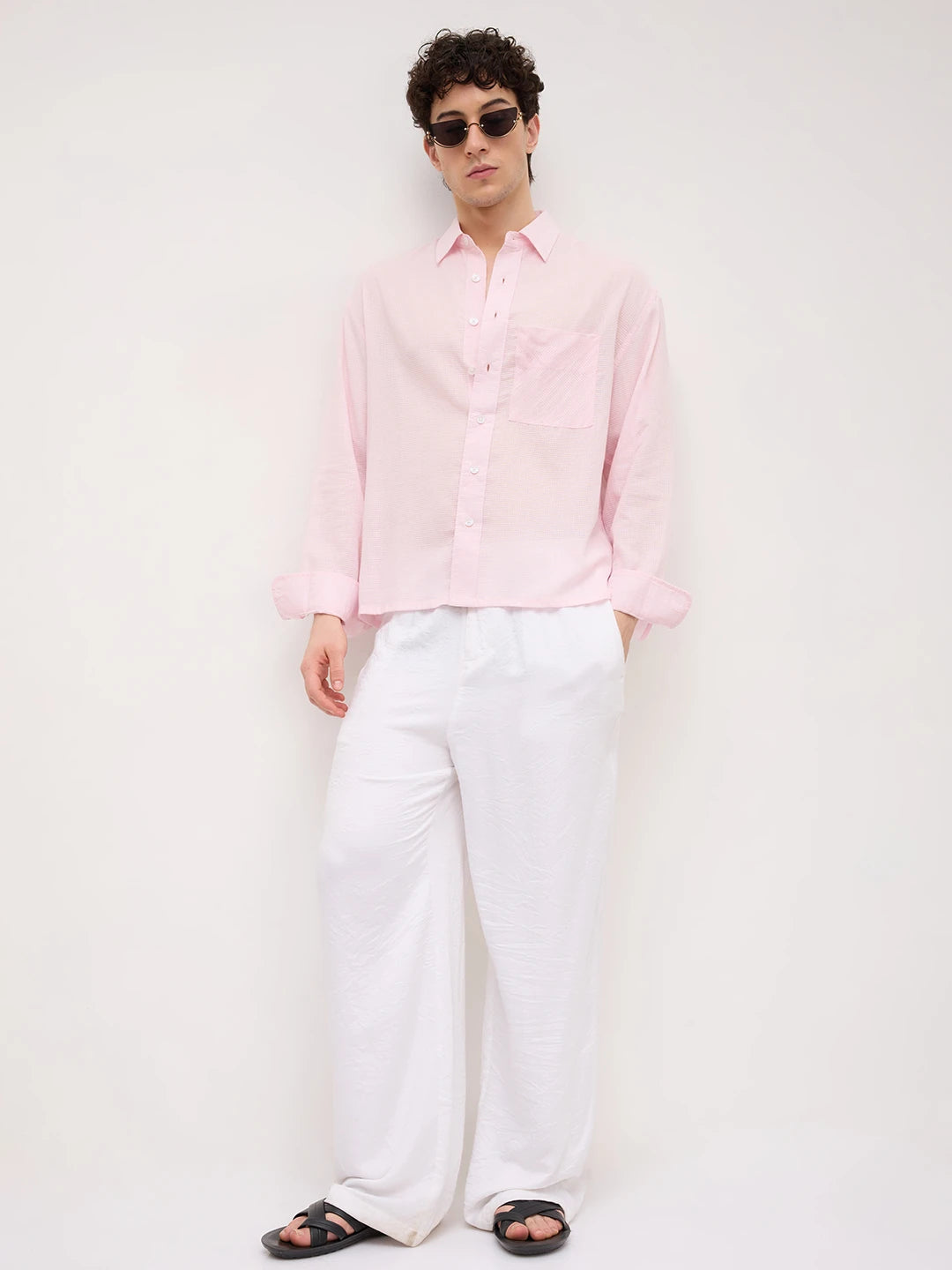 Sheer Blush Pink Gingham Checks Boxy Fit Crop Shirt