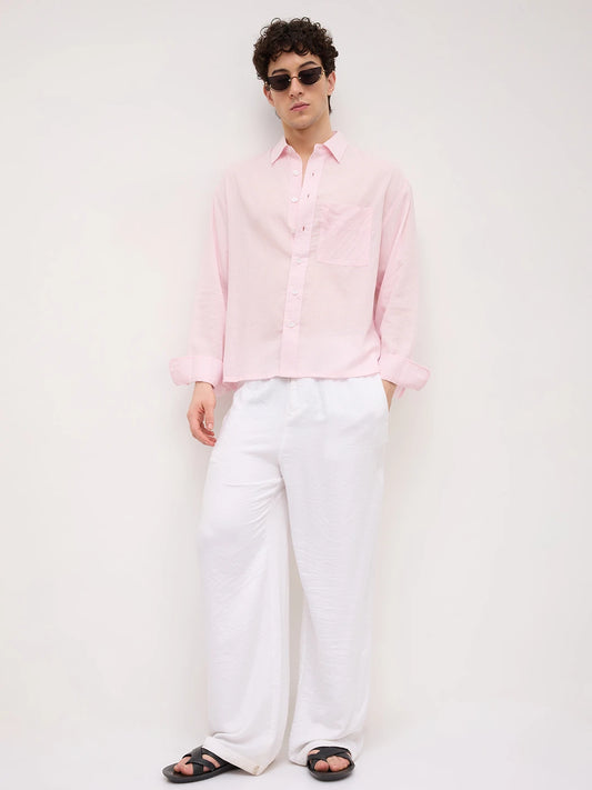 Sheer Blush Pink Gingham Checks Boxy Fit Crop Shirt