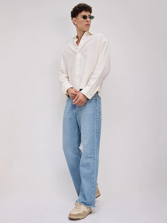 Pearl White Double Cloth Seersucker Striped Boxy Fit Crop Shirt