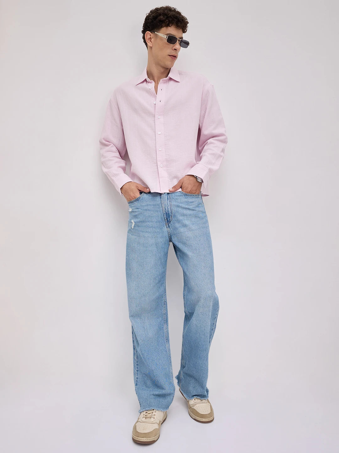 Soft Baby Pink Double Cloth Seersucker Striped Boxy Fit Crop Shirt