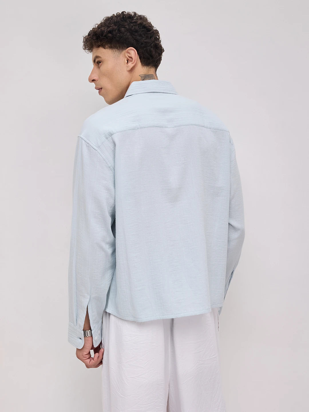Plush Baby Blue Double Cloth Seersucker Striped Boxy Fit Crop Shirt