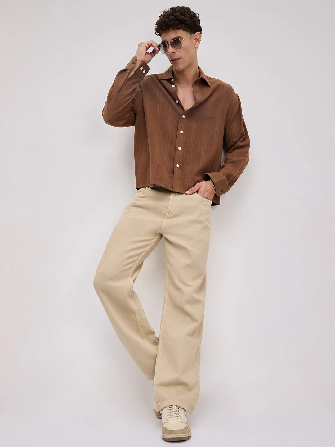 Cocoa Double Cloth Seersucker Striped Boxy Fit Crop Shirt