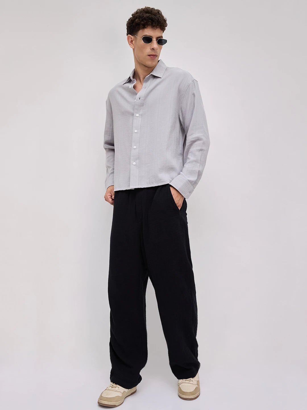 Frost Grey Double Cloth Seersucker Striped Boxy Fit Crop Shirt