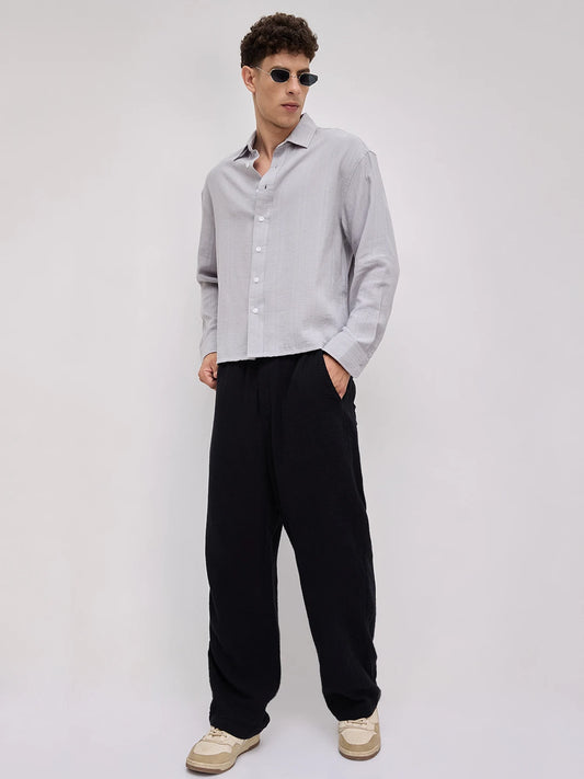 Frost Grey Double Cloth Seersucker Striped Boxy Fit Crop Shirt