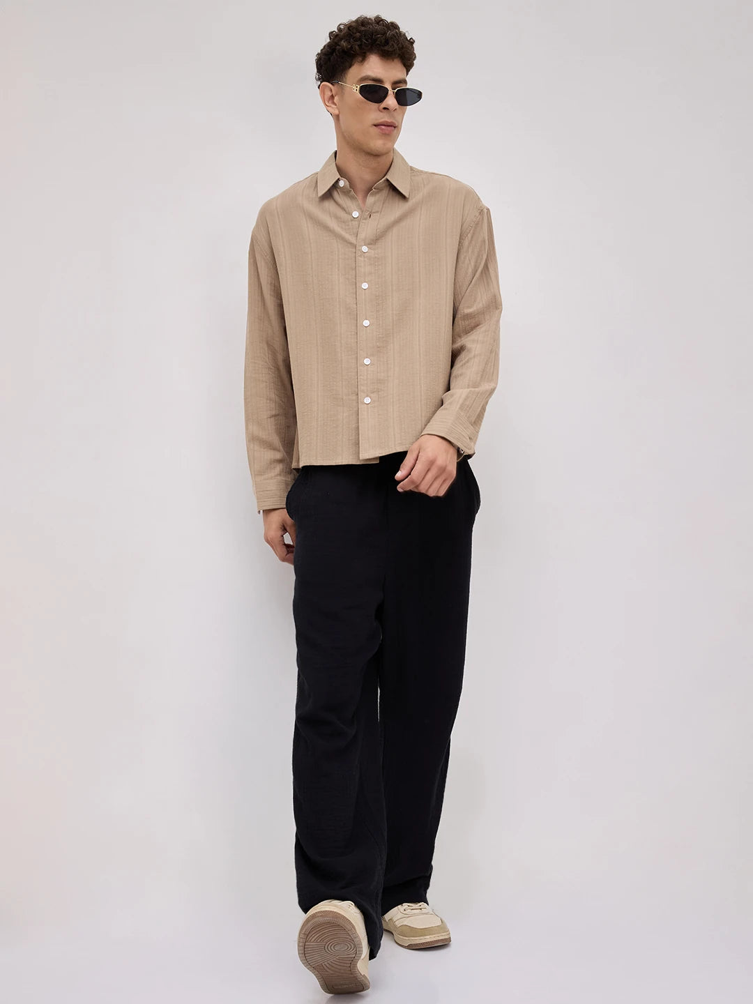 Warm Tan Double Cloth Seersucker Striped Boxy Fit Crop Shirt