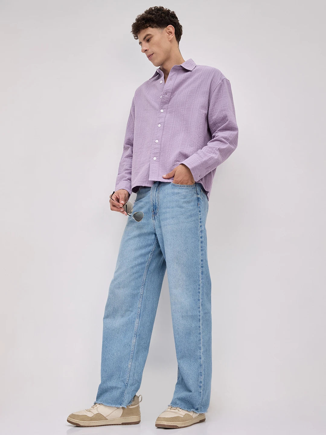 Soft Lavender Double Cloth Gauze Textured Boxy Fit Crop Shirt