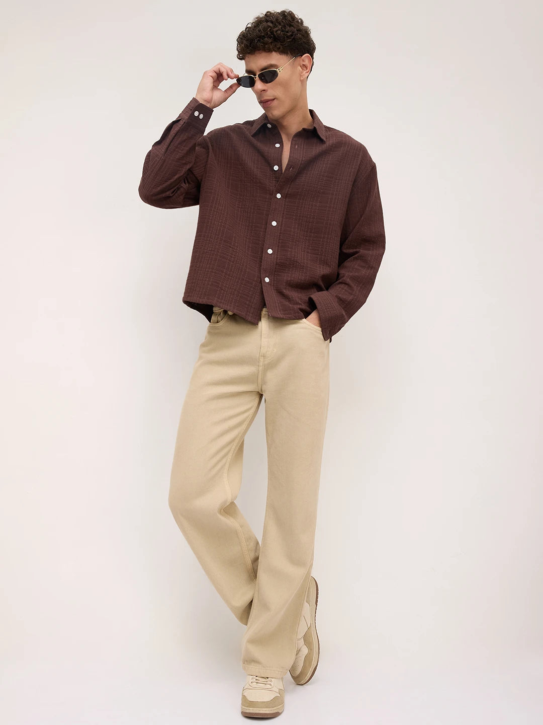 Brunette Brown Double Cloth Gauze Textured Boxy Fit Crop Shirt