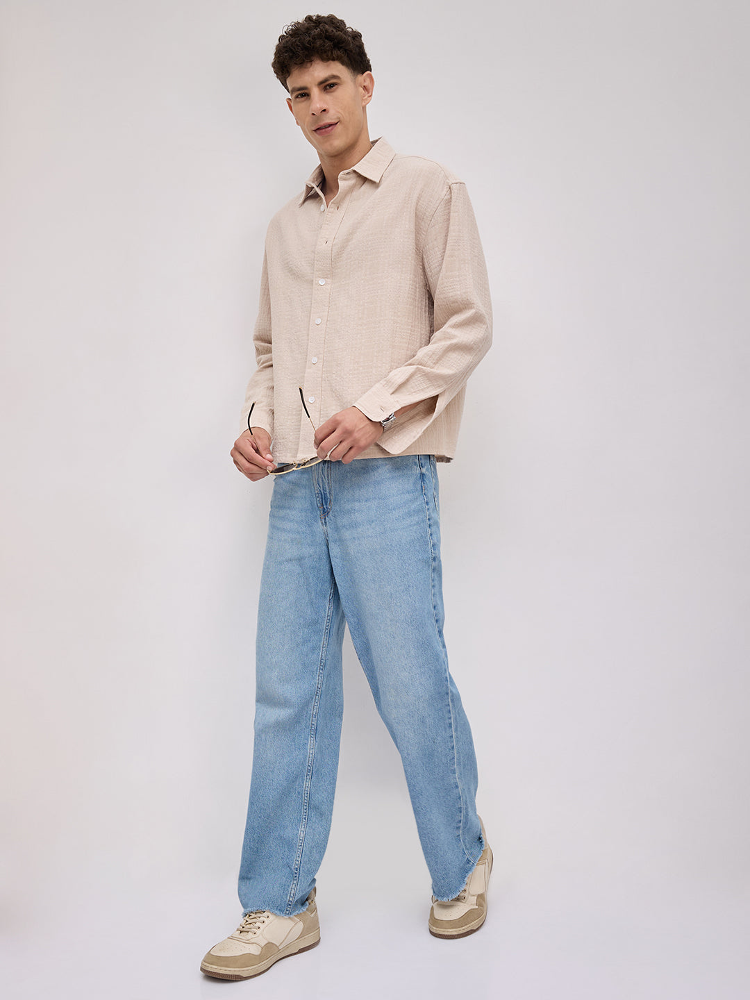 Beige Double Cloth Gauze Textured Boxy Fit Crop Shirt