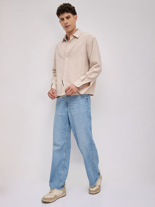 Beige Double Cloth Gauze Textured Boxy Fit Crop Shirt