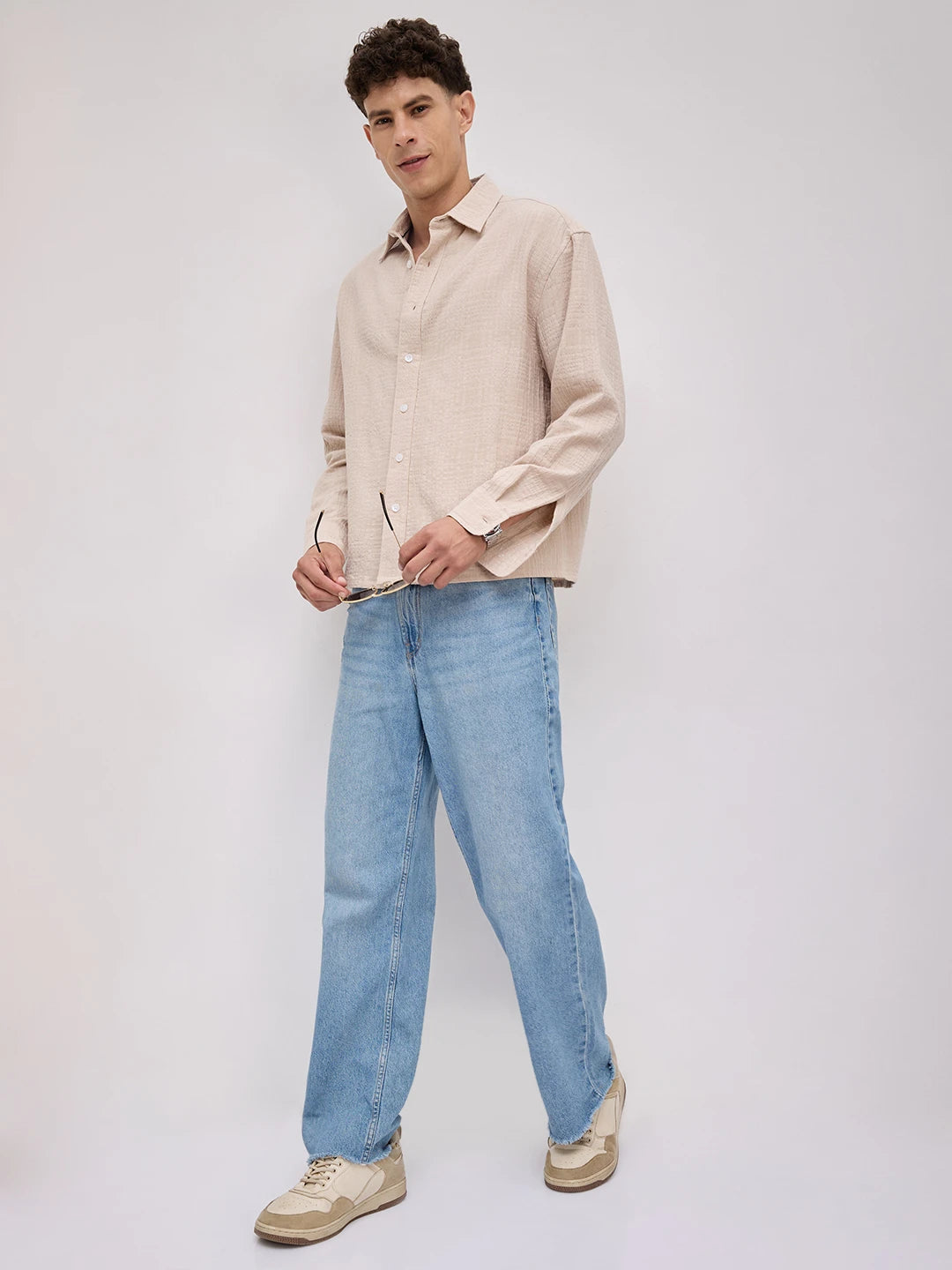 Beige Double Cloth Gauze Textured Boxy Fit Crop Shirt