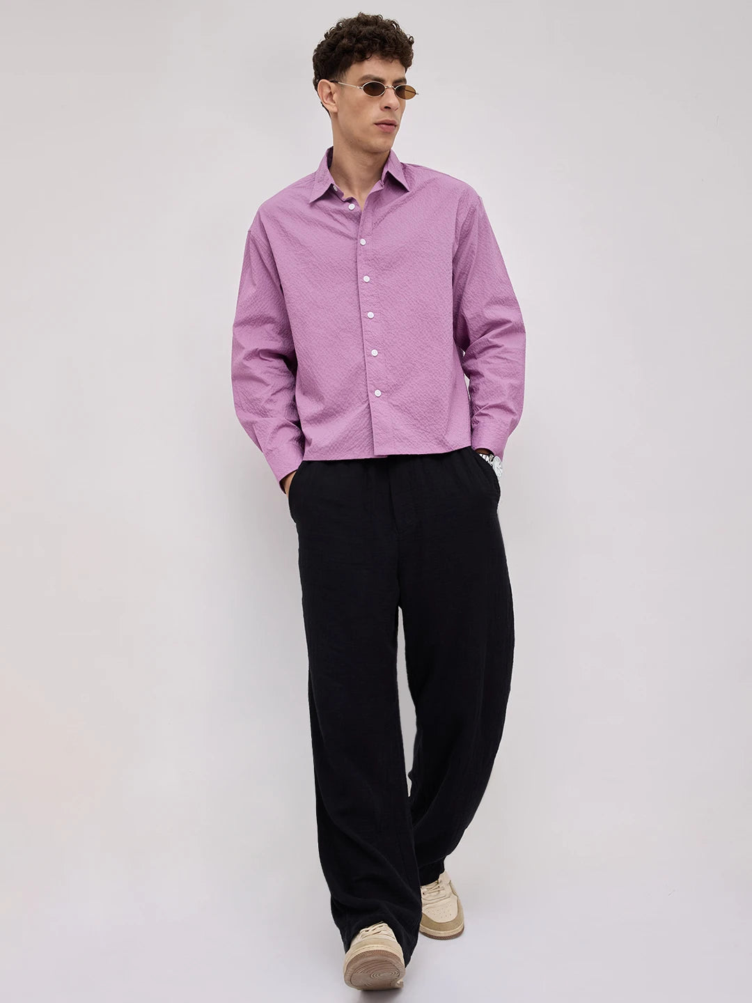 Crushed Fuchsia Pink Textured Boxy Fit Crop Shirt