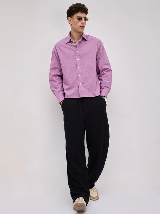 Crushed Fuchsia Pink Textured Boxy Fit Crop Shirt