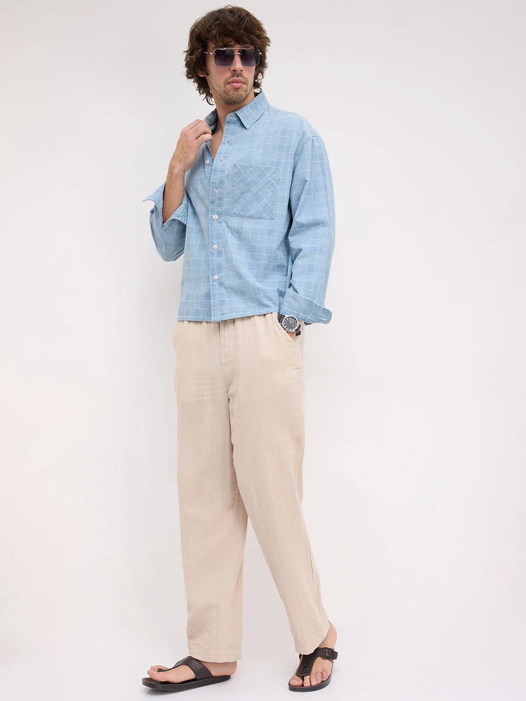 Denim Plaid Checks Boxy Fit Crop Shirt