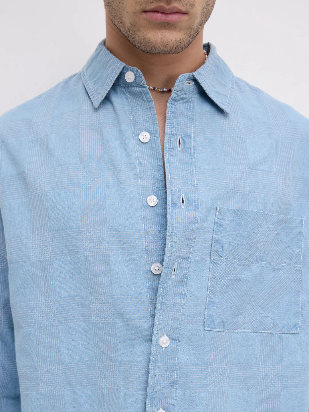 Denim Contrast Plaid Checks Boxy Fit Crop Shirt