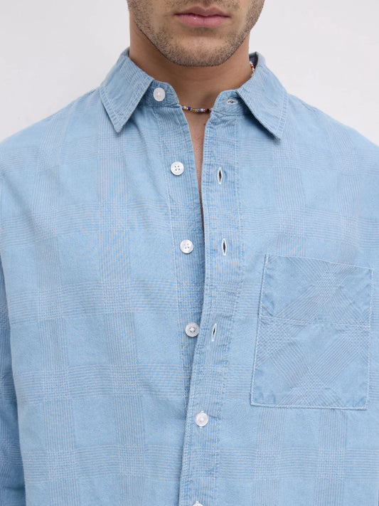 Denim Contrast Plaid Checks Boxy Fit Crop Shirt