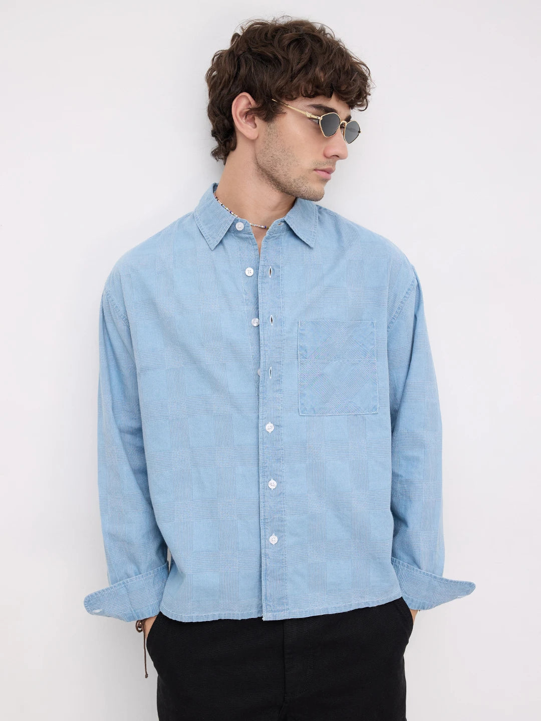 Denim Contrast Plaid Checks Boxy Fit Crop Shirt