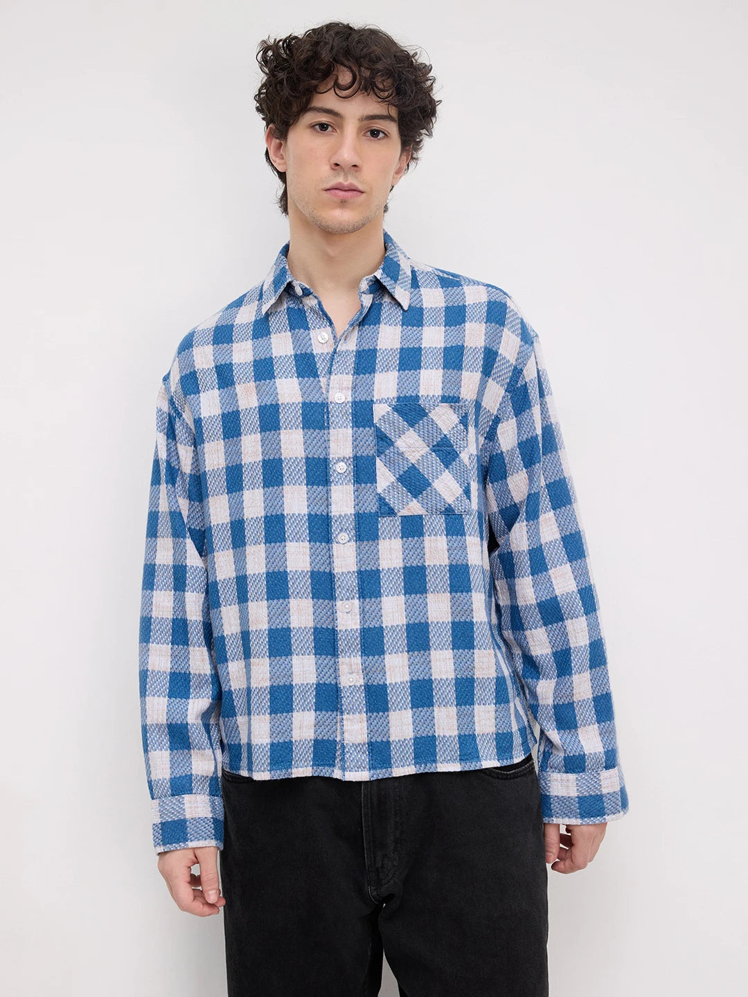 Blue & Ivory Square Checks Flannel Boxy Fit Crop Shirt