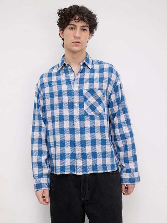 Blue & Ivory Square Checks Flannel Boxy Fit Crop Shirt