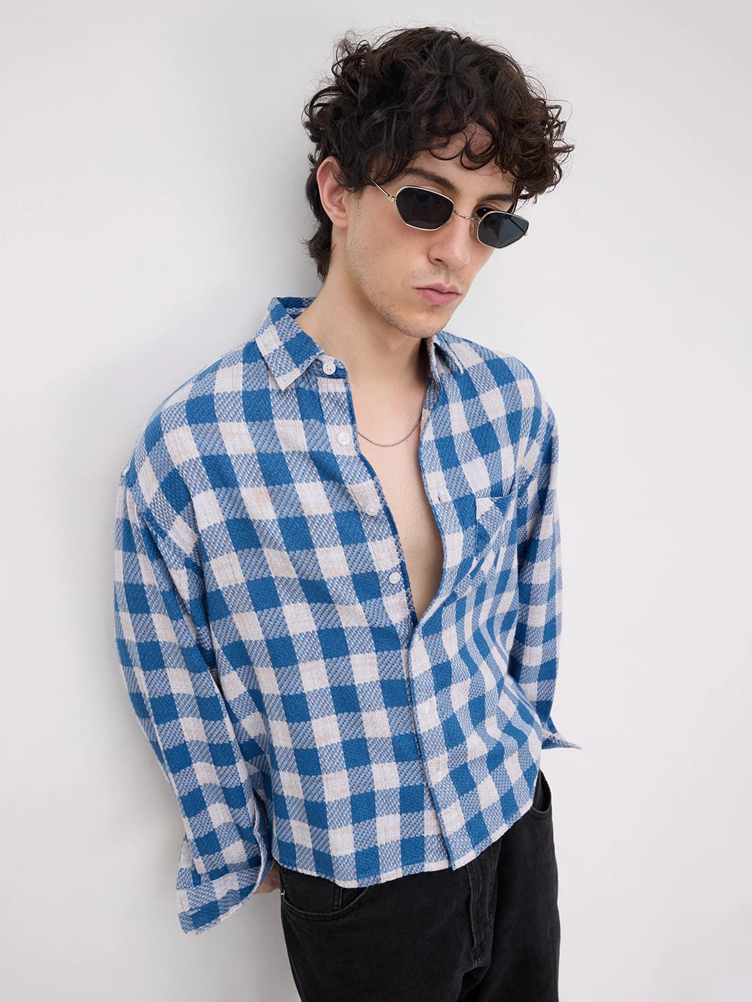 Blue & Ivory Square Checks Flannel Boxy Fit Crop Shirt