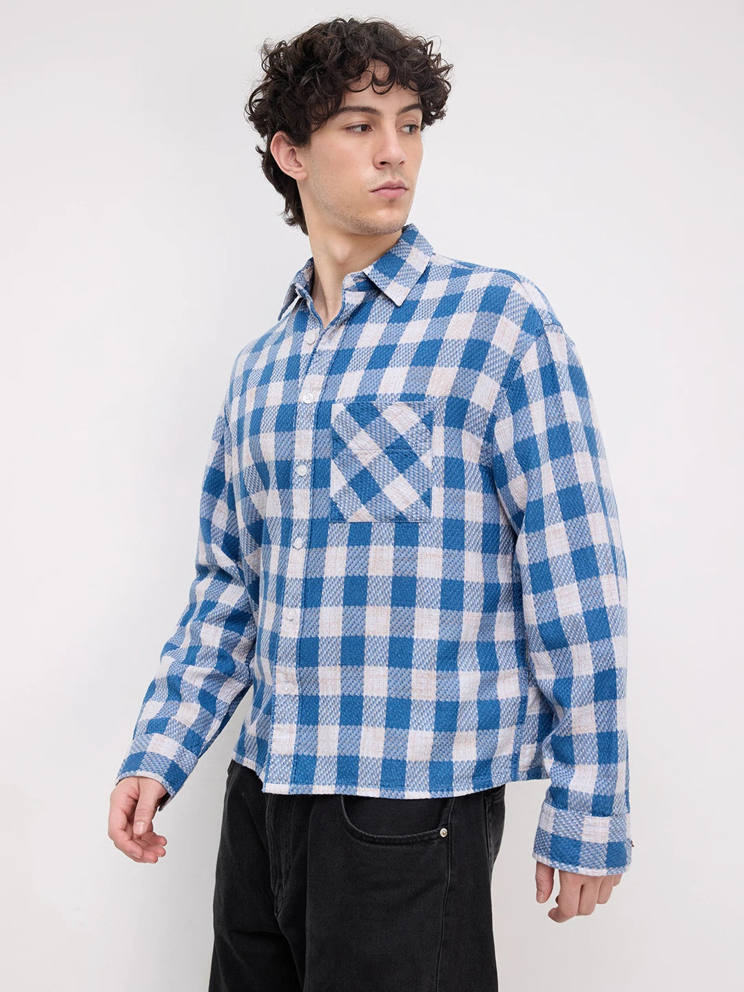 Blue & Ivory Square Checks Flannel Boxy Fit Crop Shirt