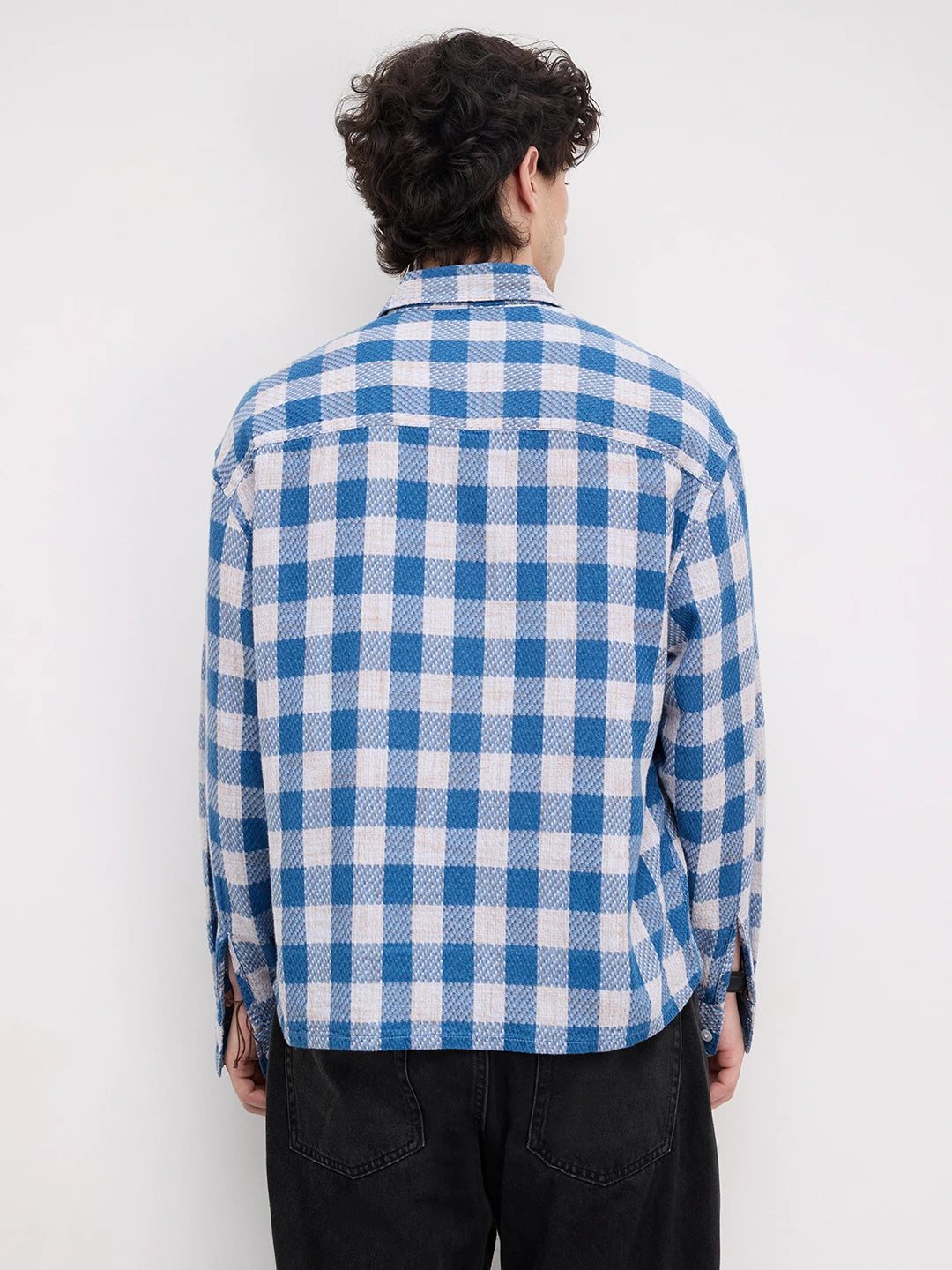 Blue & Ivory Square Checks Flannel Boxy Fit Crop Shirt