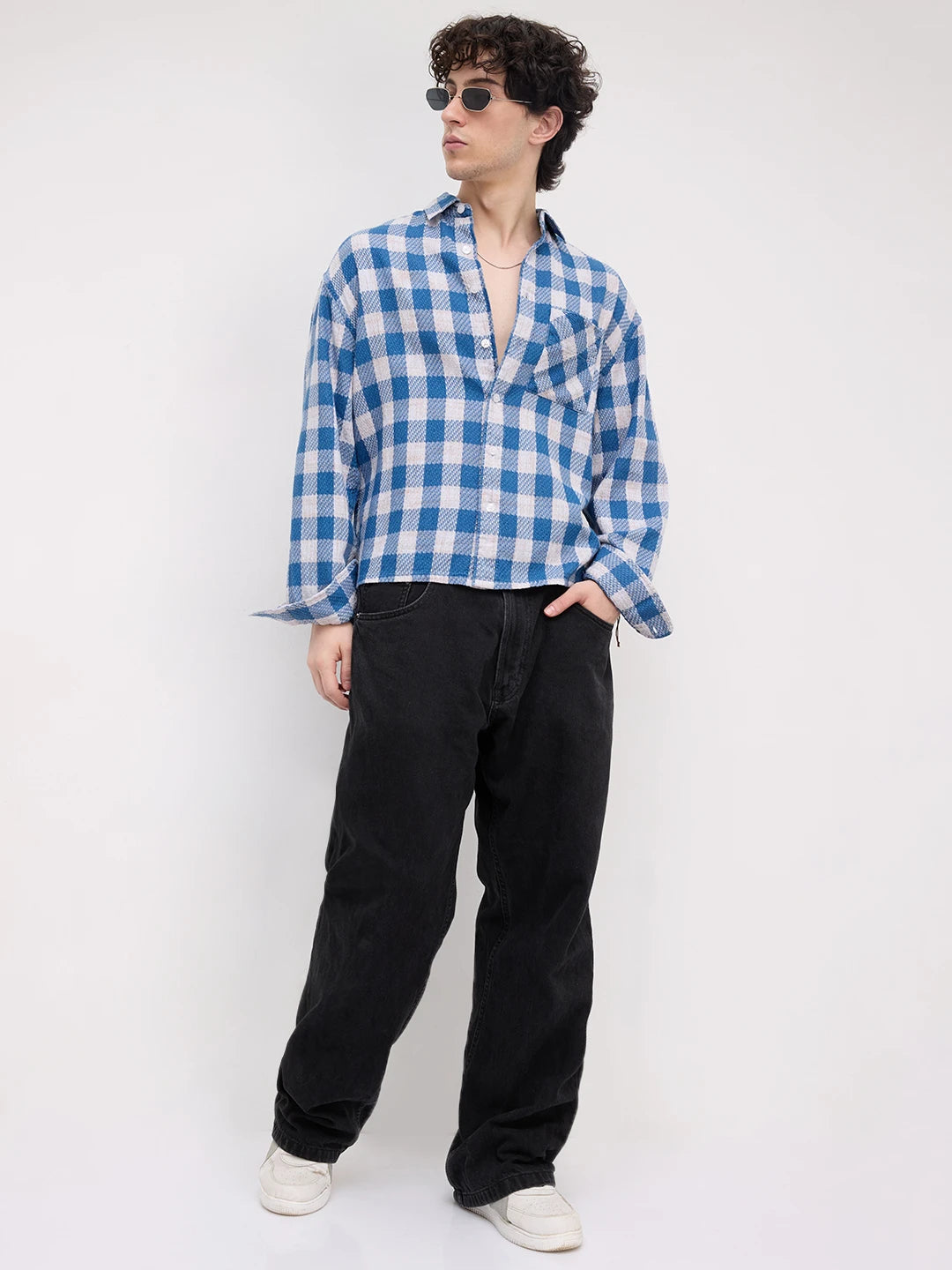 Blue & Ivory Square Checks Flannel Boxy Fit Crop Shirt