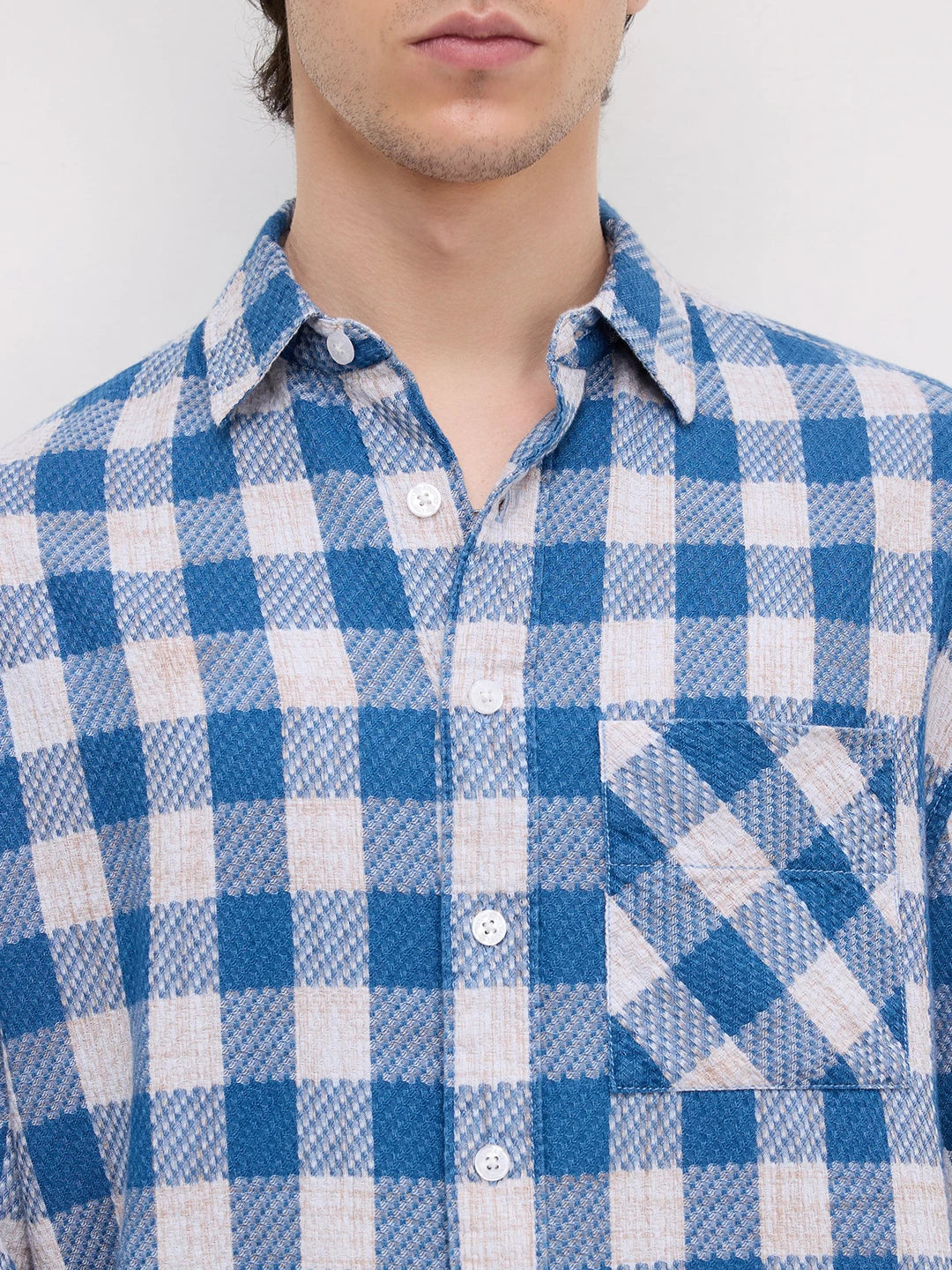 Blue & Ivory Square Checks Flannel Boxy Fit Crop Shirt