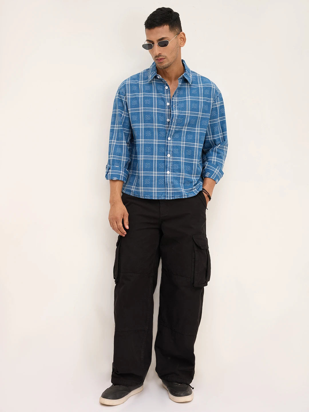 Denim Contrast Frame Checks Boxy Fit Crop Shirt