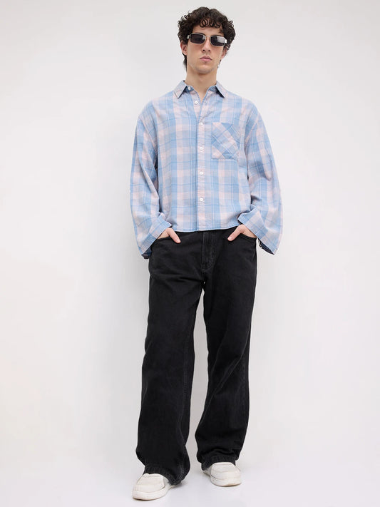 Luxe Denim Square Checks Cuffless Oversized Crop Shirt