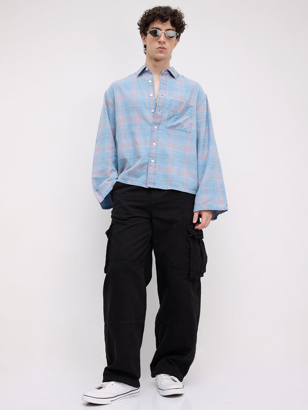 Denim Contrast Square Checks Cuffless Oversized Crop Shirt