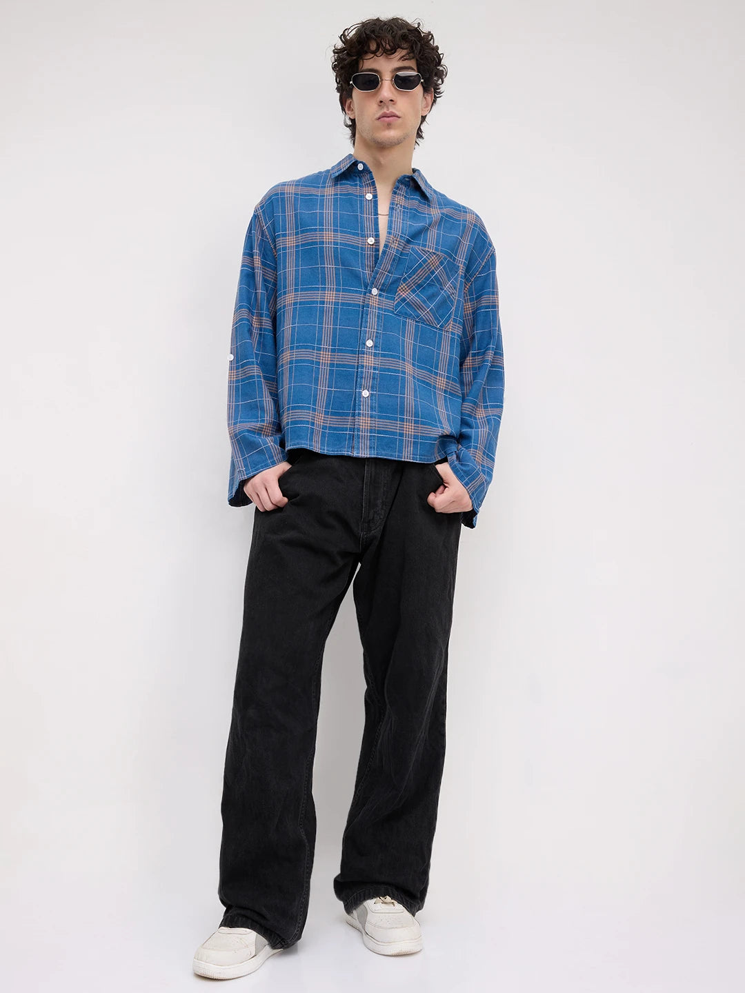Denim Contrast Square Checks Cuffless Oversized Crop Shirt