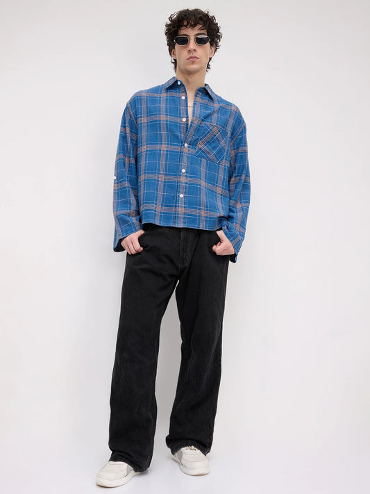 Denim Contrast Square Checks Cuffless Oversized Crop Shirt