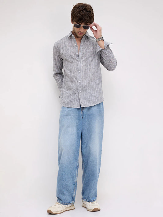 Bluish Grey Melange Striped Shirt