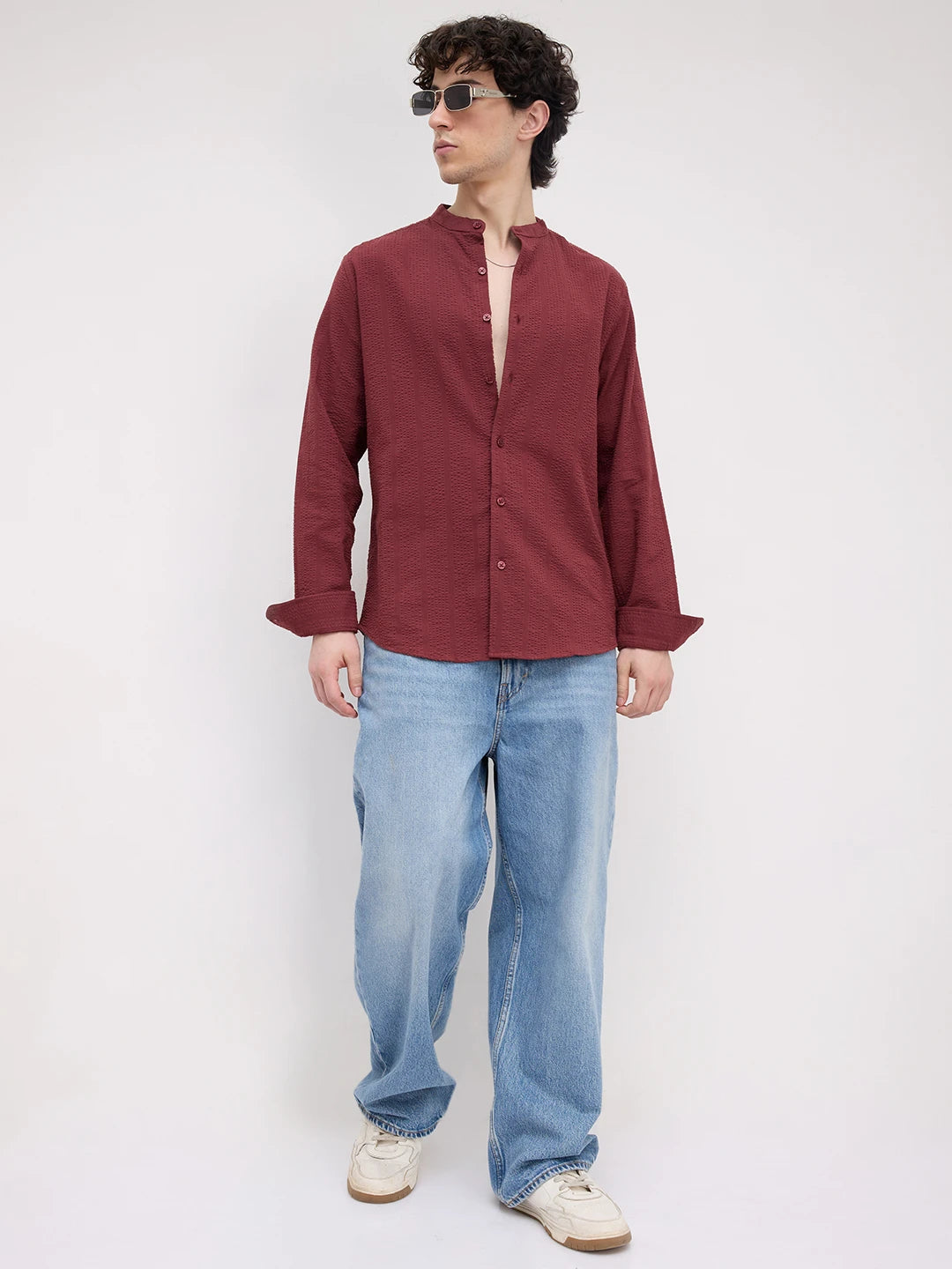 Brick Red Seersucker Striped Mandarin Shirt