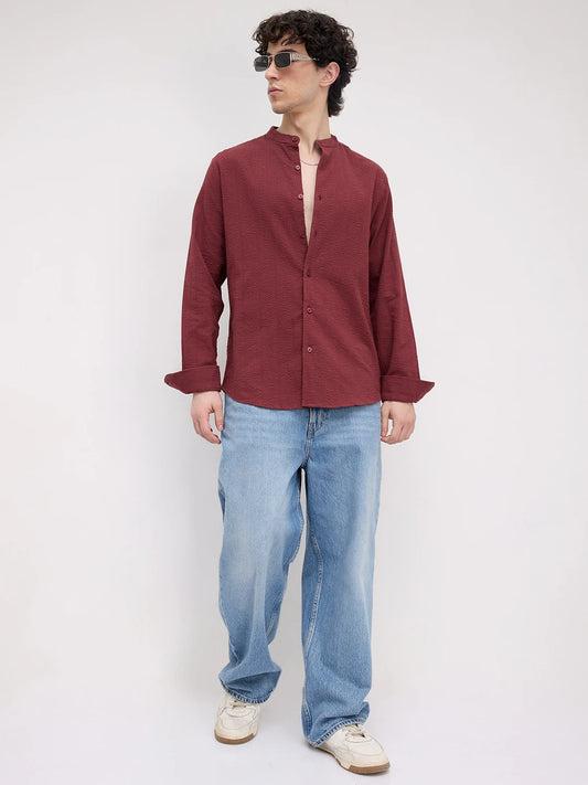 Brick Red Seersucker Striped Mandarin Shirt