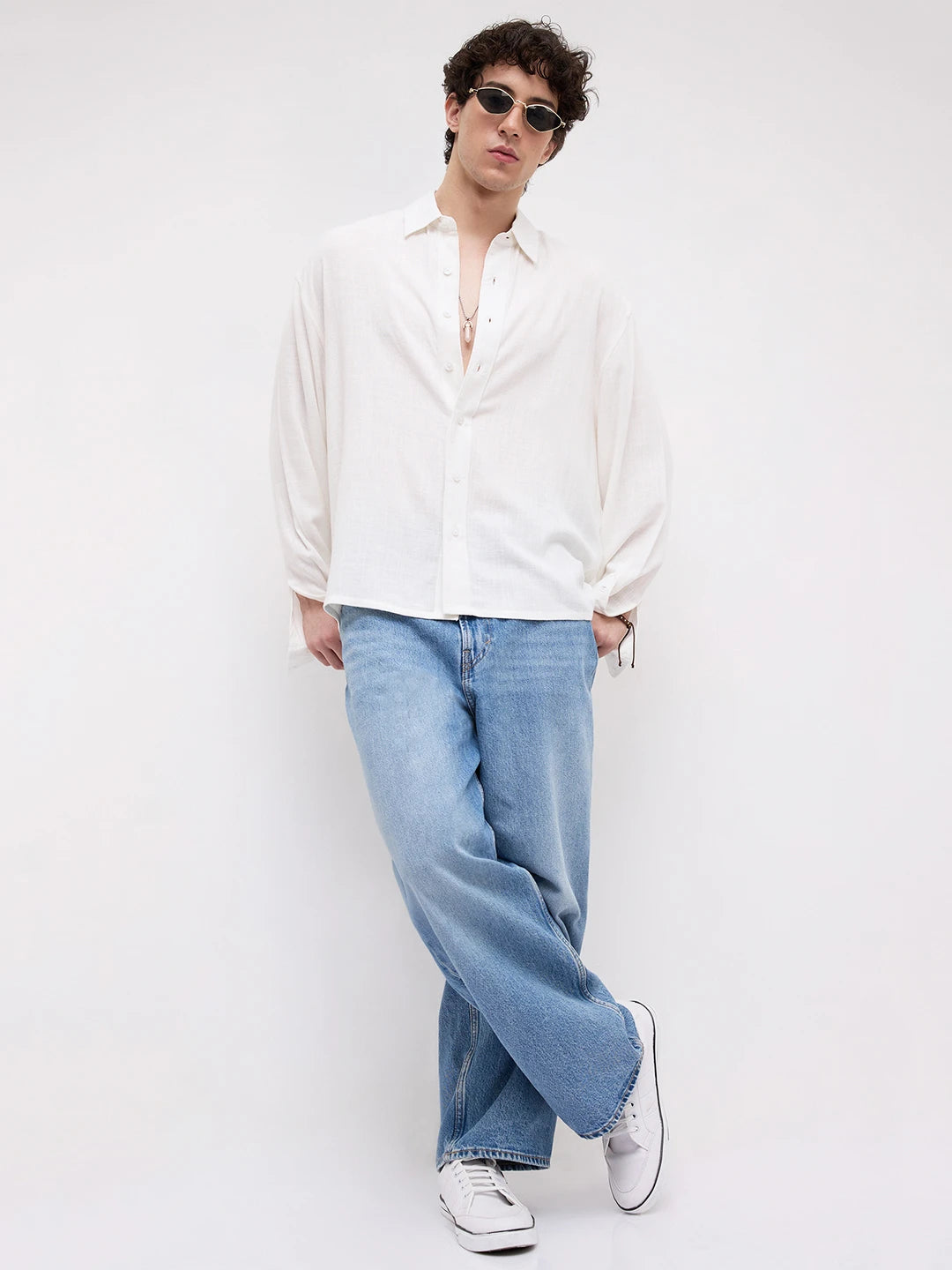 Pearl White Grid Textured Boxy Fit Crop Shirt