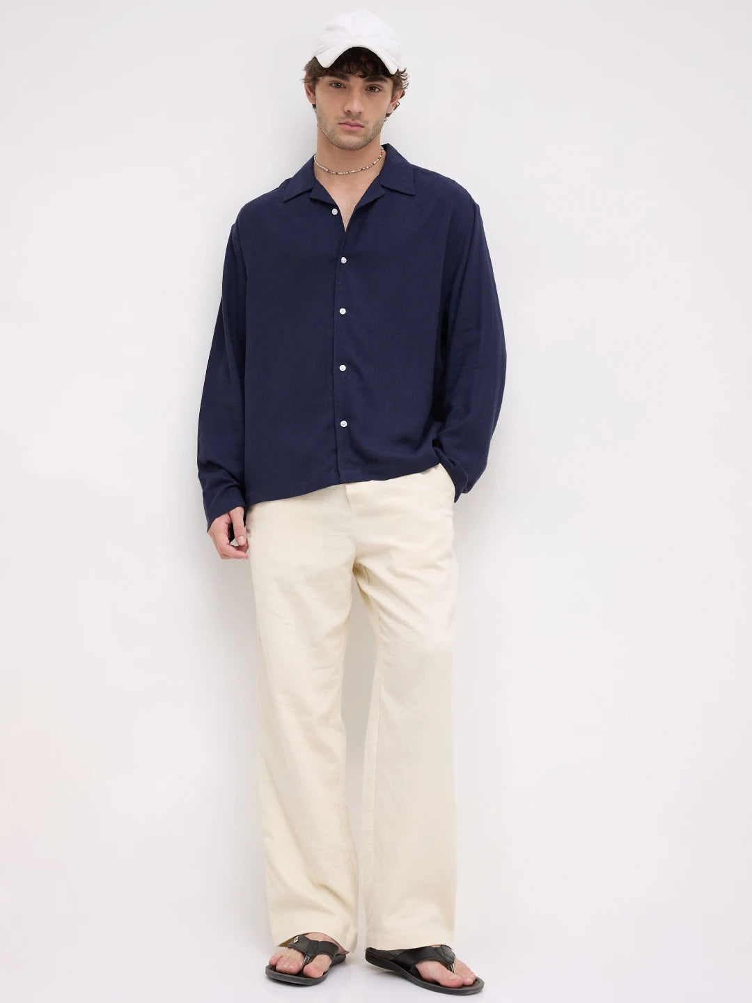 Luxe Navy Fine Textured Linen Blend Notch Collar Oversized Shirt