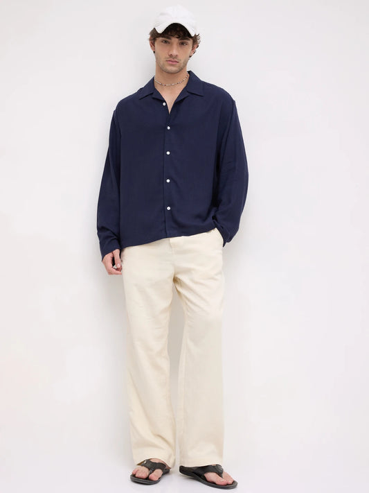 Luxe Navy Fine Textured Linen Blend Notch Collar Oversized Shirt
