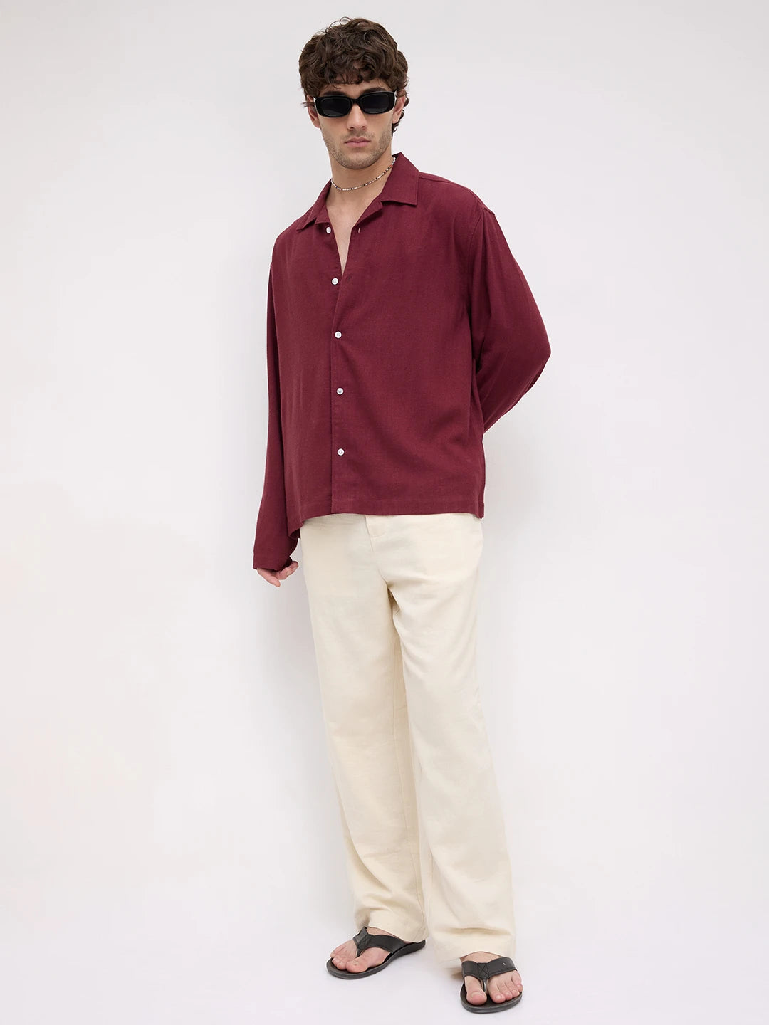 Maroon Fine Textured Linen Blend Notch Collar Oversized Shirt