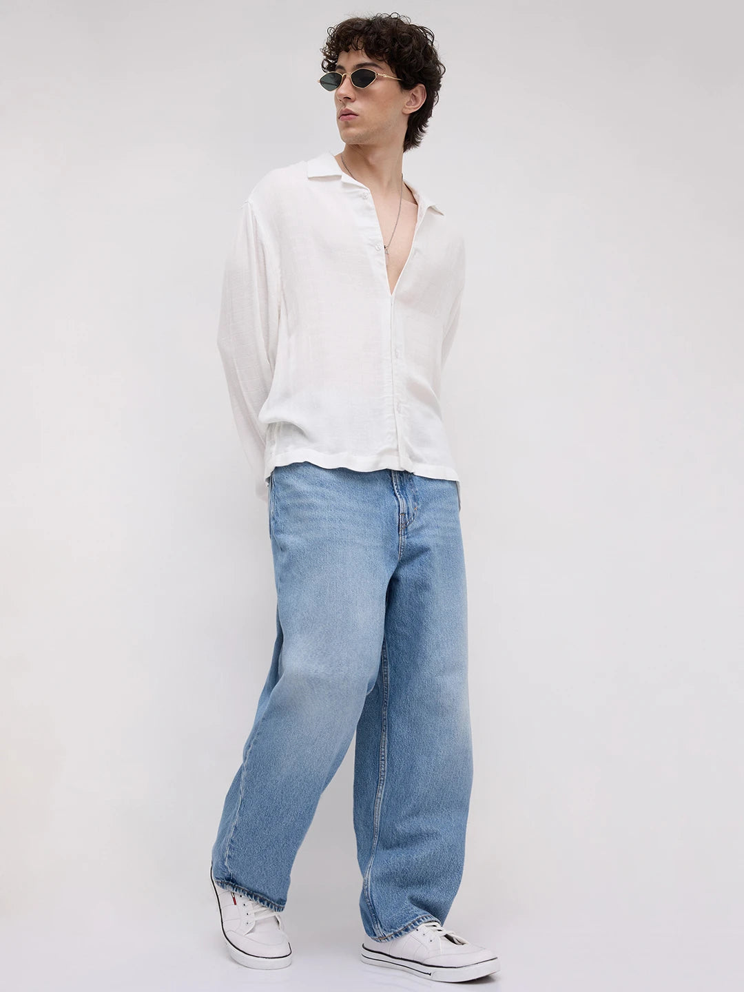 Cloud White Square Weave Double Cloth Notch Collar Oversized Shirt