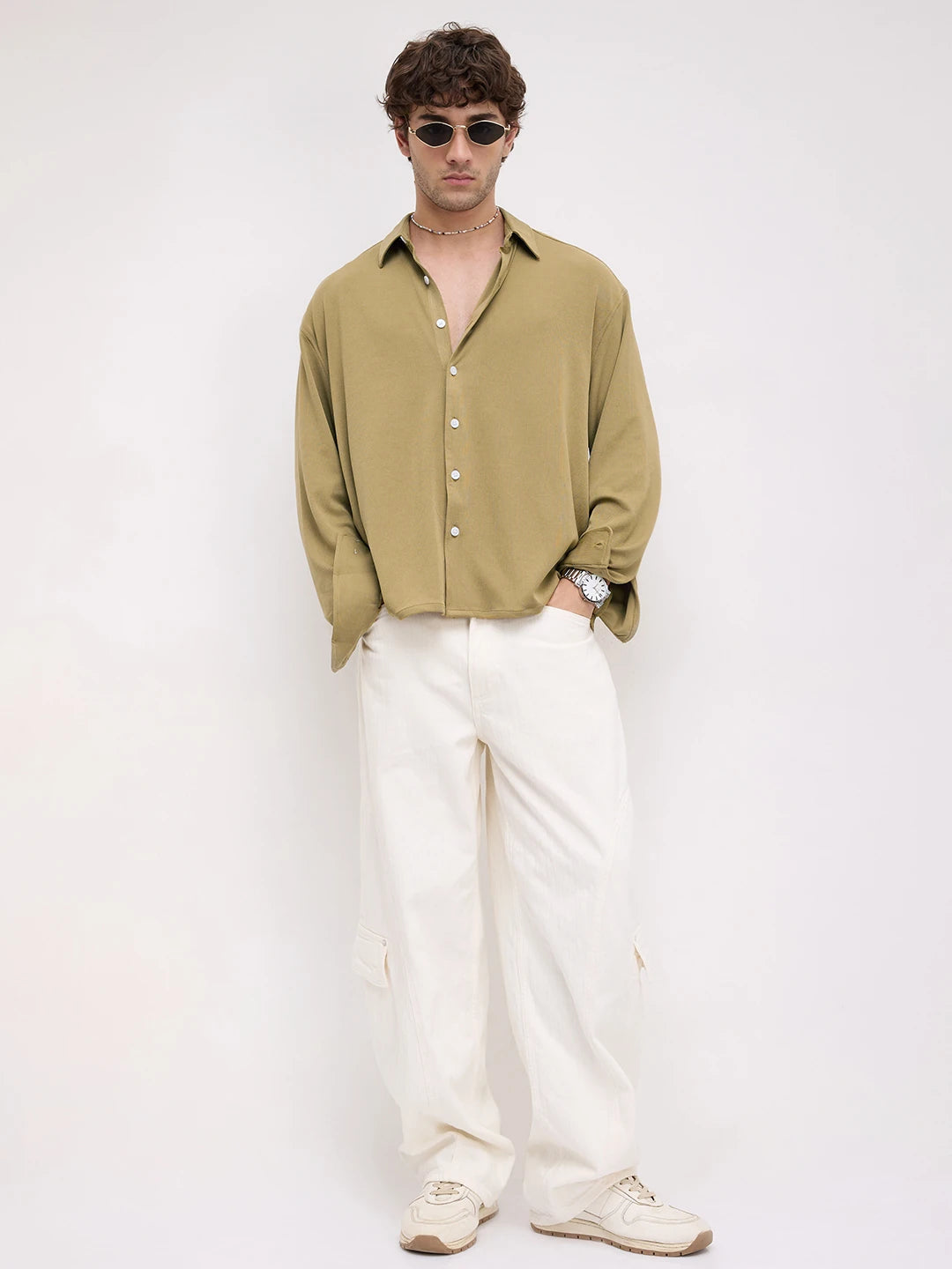 Luxe Khaki Fine Textured Knitted Boxy Fit Crop Shirt