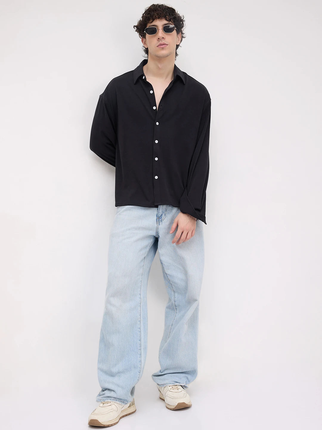 Rich Black Fine Textured Knitted Boxy Fit Crop Shirt